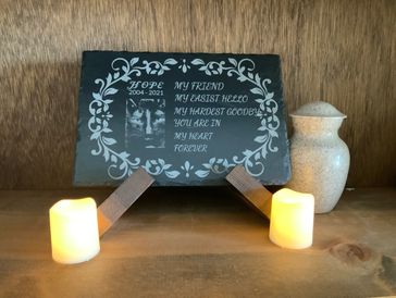 A beautiful slate in home memorial, personalized to celebrate the passing of your precious pet.