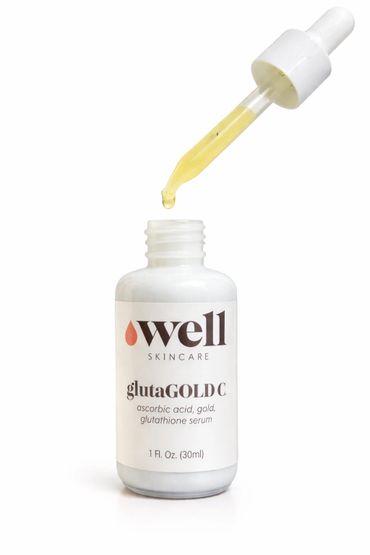Serum bottle with dropper dispensing yellow liquid, labeled Well Skincare glutaGOLD C.