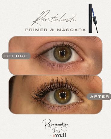 Before and after images showing the effect of Revitalash Primer & Mascara on eyelashes.