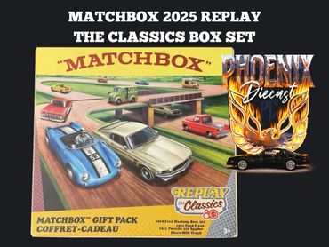 Matchbox 2025 Replay Classics Box Set with vintage cars and Phoenix Diecast logo.