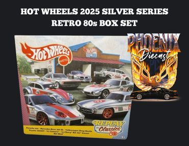 Hot Wheels 2025 Silver Series Retro 80s box set featuring classic cars.
