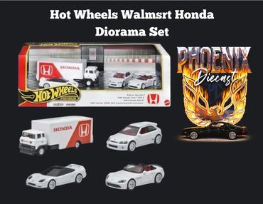 Hot Wheels premium Honda diorama set with miniature cars and truck.