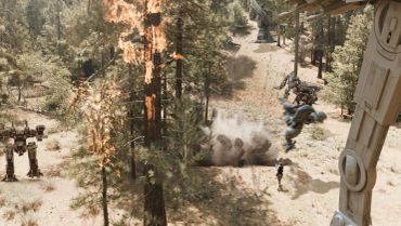 A forest battle scene with explosions and robotic figures.