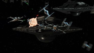 Star Wars space battle with multiple starfighters and a large starship.