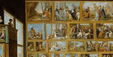 Gallery wall with classical paintings in ornate frames.