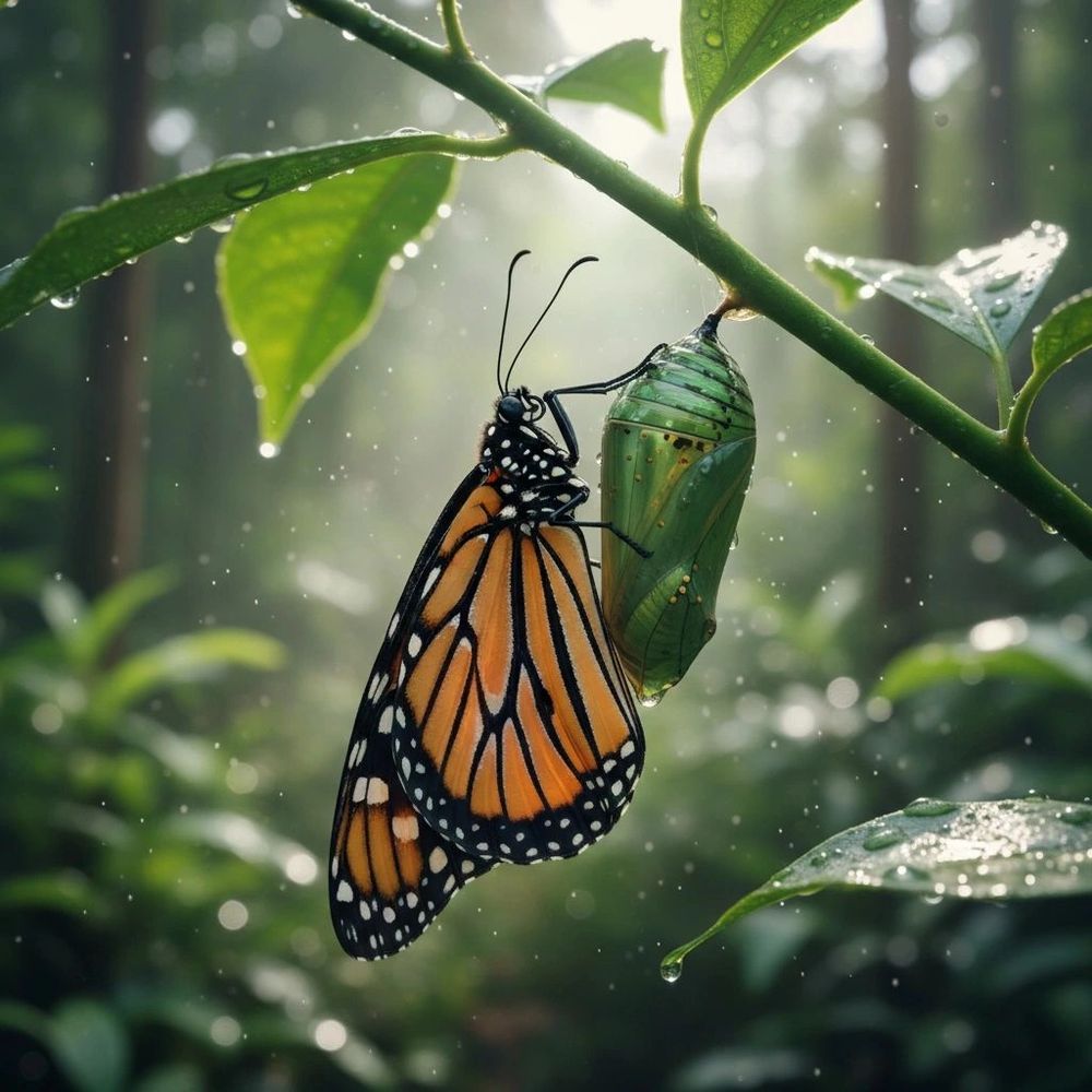 Monarch butterfly emerging from chrysalis on a dewy leaf branch.