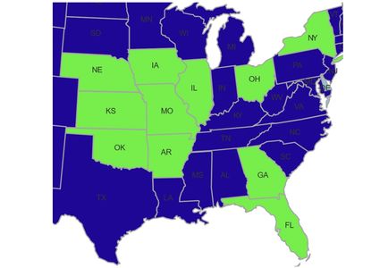 Arkansas, Florida, Georgia, Illinois, Iowa, Kansas, Missouri, Nebraska, New York, Ohio, Oklahoma