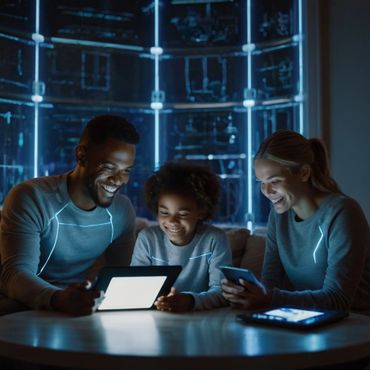 A joyful family using digital devices together in a futuristic setting.