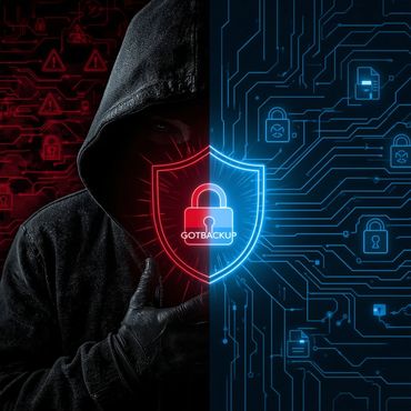 Hacker in hood with digital shield showing cybersecurity and backup protection.