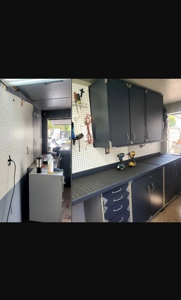 Shed renovation. Upgrade. Custom cabinets. Handyman. Before and After