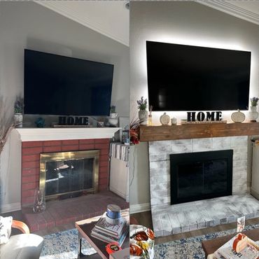 Fireplace Renovation. Fireplace upgrade. Behind tv lighting. Custom made Fireplace wood Mantle