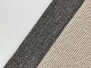 Close-up of three different textured fabrics in white, dark gray, and beige.