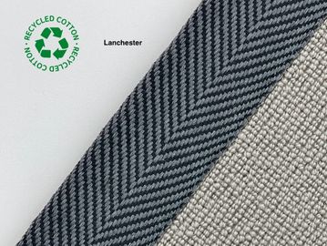 Close-up of textured woven fabrics labeled Lanchester and recycled cotton.