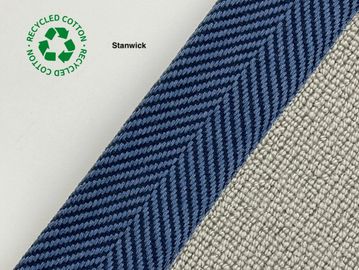 Close-up of blue and beige recycled cotton fabric.