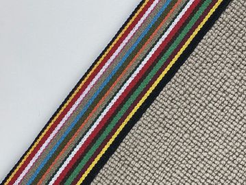 Close-up of a colorful striped fabric against two different textures.