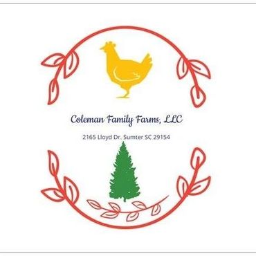 Logo of Coleman Family Farms with a chicken and tree framed by red vines.