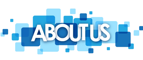 Colorful 'ABOUT US' text with blue overlapping squares background.