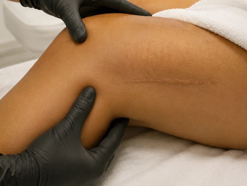 Dr Alya is examining a thigh scar in Linora Aesthetics.
