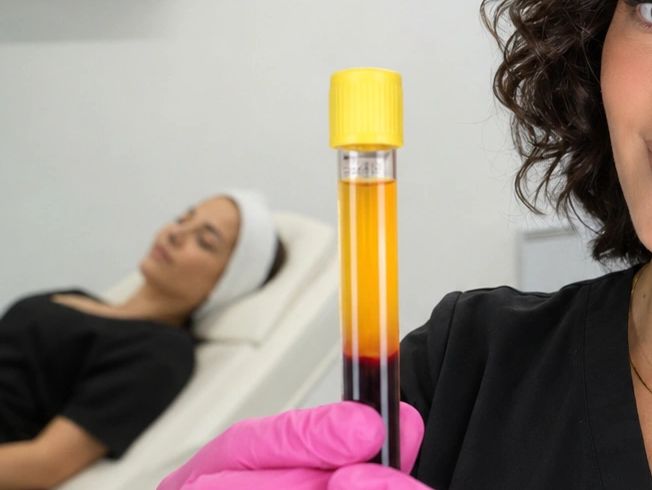 Medical professional holding a blood sample with a patient in the background.