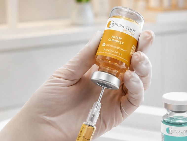 Hand holding a vial labeled Purasomes Nutri Complex.