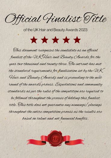 Official UK Hair and Beauty Awards 2023 finalist certificate