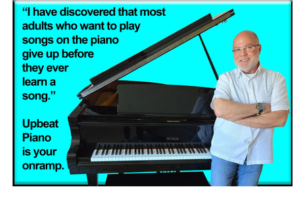 Man stands next to a grand piano with a motivational quote about learning piano.