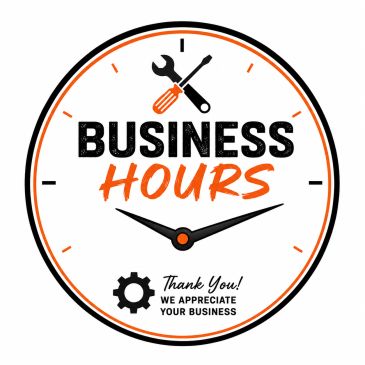 Business hours clock graphic with tools.