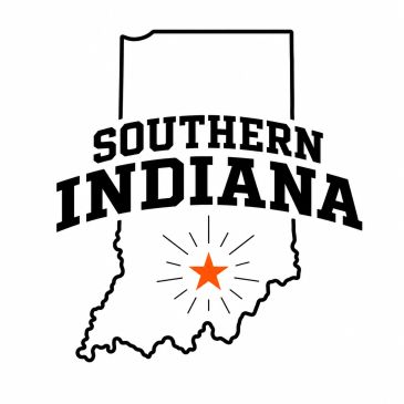 Outline of Indiana with 'Southern Indiana' text and star.