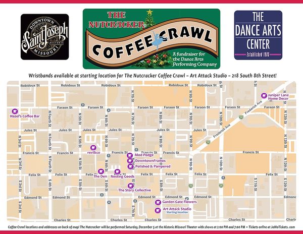 Map of Downtown Saint Joseph businesses participating in The Nutcracker Coffee Crawl on Saturday, Oc