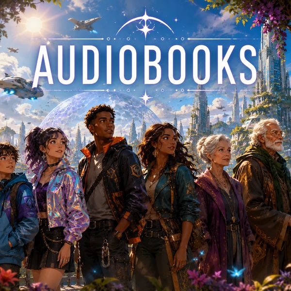 Futuristic audiobook banner featuring diverse characters against a sci-fi cityscape.