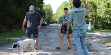 A dog trainer instructs two people walking a dog on a quiet, tree-lined street.