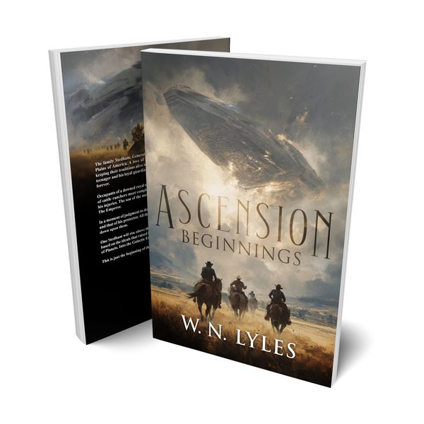 Book cover of 'Ascension Beginnings' featuring cowboys and a large spaceship in the sky.