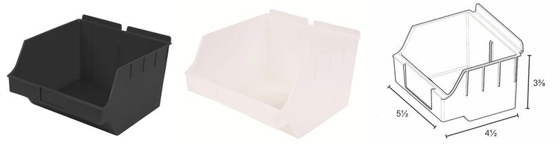 HANDI STORBOX 01 in black and clear for slatwall plus line drawing.