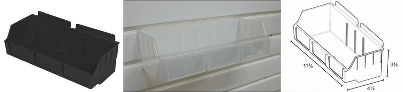 HANDI STORBOX 02 in black and clear for slatwall plus line drawing.