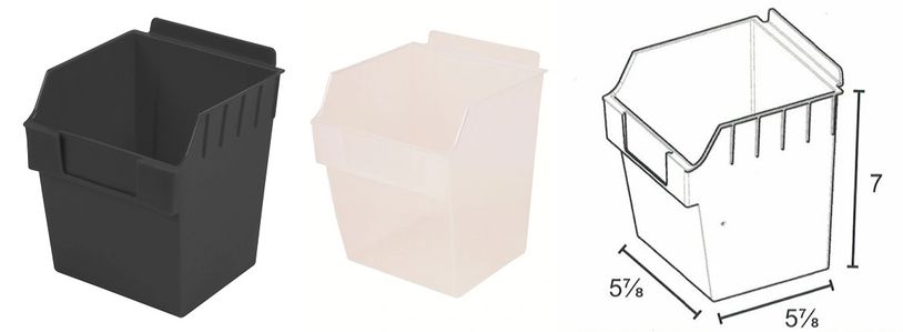 HANDI STORBOX 03 in Black and Clear for slatwall plus line drawing.