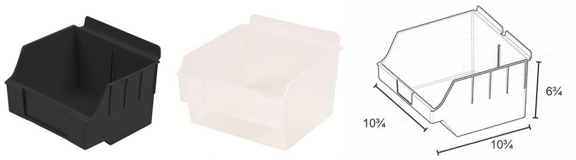 HANDI STORBOX 04 in Black and Clear for slatwall plus line drawing.
