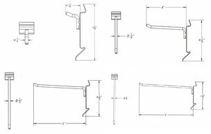 1", 4", 6" and 8" Snap Hooks Line Drawing for Slatwall