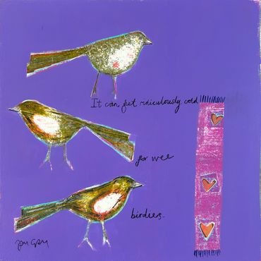Mixed Media painting of three birds on a purple background with a scarf titled Birdies and Scarf, b
