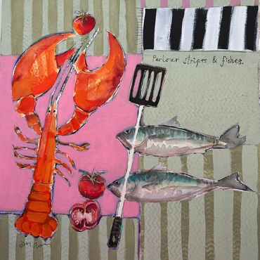 Mixed Media painting of a Lobster and fish titled Parlour stripes with fishes, by Janice Gray