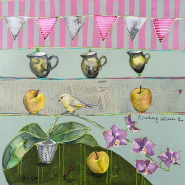 Mixed Media painting titled Reading between the lines, by Janice Gray