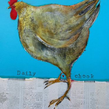 Mixed Media painting of a Chicken on blue background titled Daily Chook, by Janice Gray