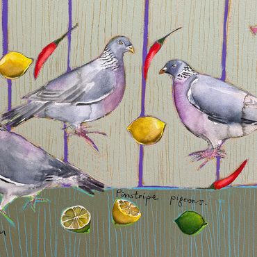 Mixed Media painting of pigeons titled pinstripe pigeons, by Janice Gray