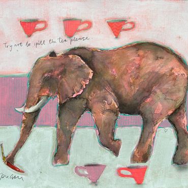 Mixed Media painting of an elephant and teacups titled elephant and tea, by Janice Gray