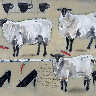 The Field, sheep, tea, chillies, tea and shoes, painting by Janice Gray