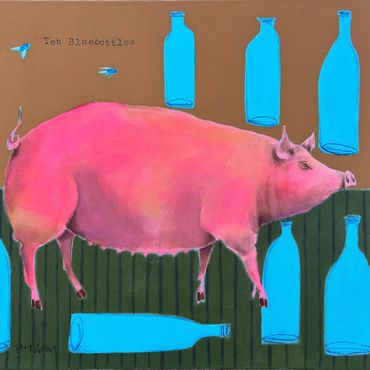 Mixed Media painting of a pig and blue bottles titled Ten Blue Bottles, by Janice Gray
