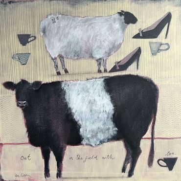 Painting of a cow and a sheep titled out in the field by Janice Gray