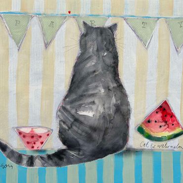 mixed media painting of a cat and watermelon by Janice Gray
