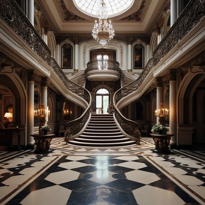 Elegant grand staircase with ornate railings in a luxurious mansion.