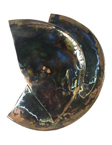 Folded clay plate with shiny pearlised glaze.