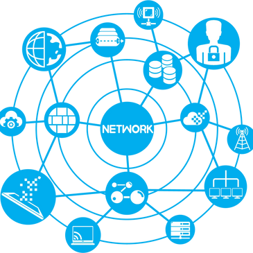 Network concept with interconnected blue icons representing technology and communication.